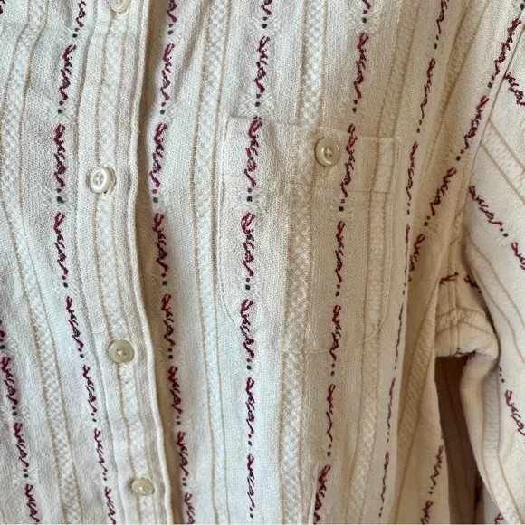 Vtg Woolrich Women’s Cream Burgundy/Red Tan Striped Cotton Button-Up Shirt Sz L - Picture 4 of 15